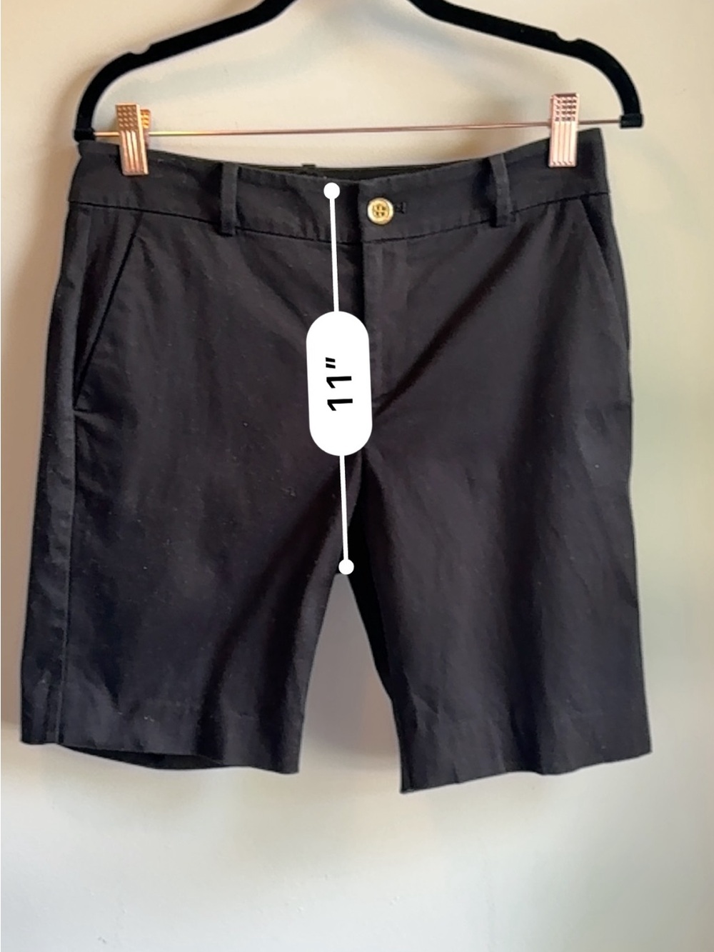 Lauren Ralph Lauren (LRL) Black Stretch Bermuda Shorts Sz 4 Gold Logo Button - Picture 8 of 11